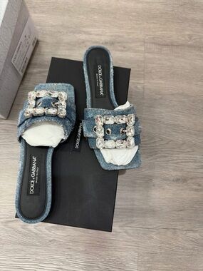 Dolce & Gabbana Denim Crystal Buckle Slide Mules - Light Blue